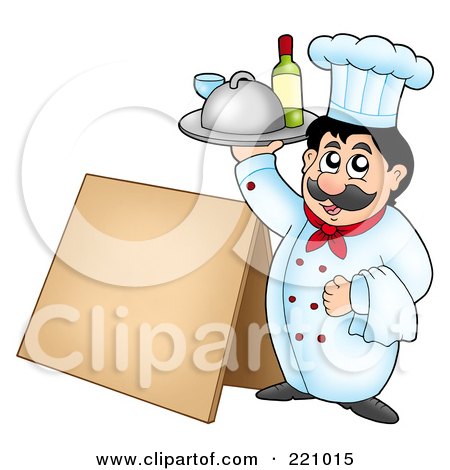 Royalty-Free (RF) Clipart Illustration of a Male Chef Holding Up Wine By A Blank Sidewalk Board by visekart