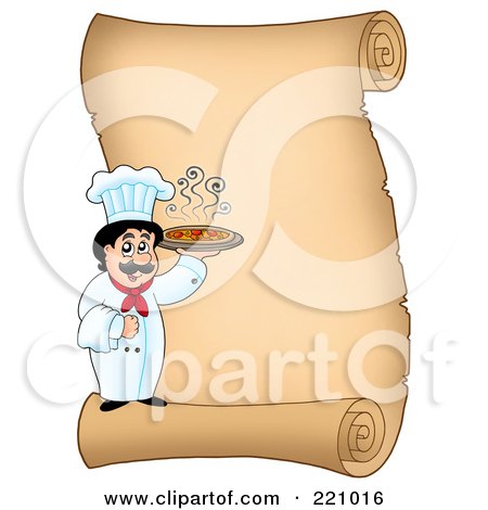 Royalty-Free (RF) Clipart Illustration of a Vertical Parchment Sign Of A Male Chef Serving Pizza by visekart