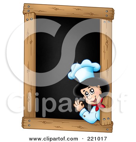 Royalty-Free (RF) Clipart Illustration of a Female Chef Waving On A Blank Menu Chalk Board by visekart
