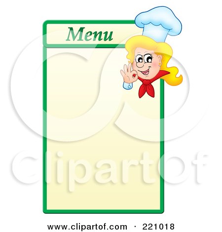 Royalty-Free (RF) Clipart Illustration of a Female Chef Gesturing Ok On A Green And Yellow Menu Board by visekart
