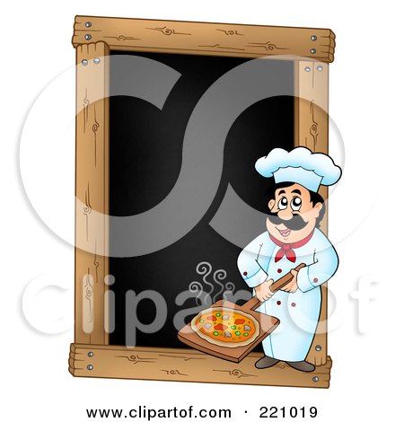 Royalty-Free (RF) Clipart Illustration of a Male Chef Holding Out A Pizza On A Blank Menu Chalk Board by visekart