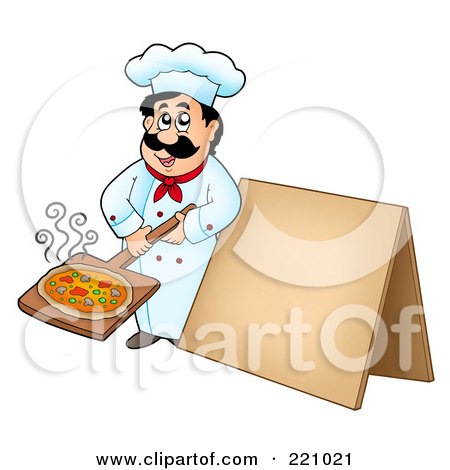 Royalty-Free (RF) Clipart Illustration of a Male Chef Holding Out A Pizza By A Blank Sidewalk Board by visekart