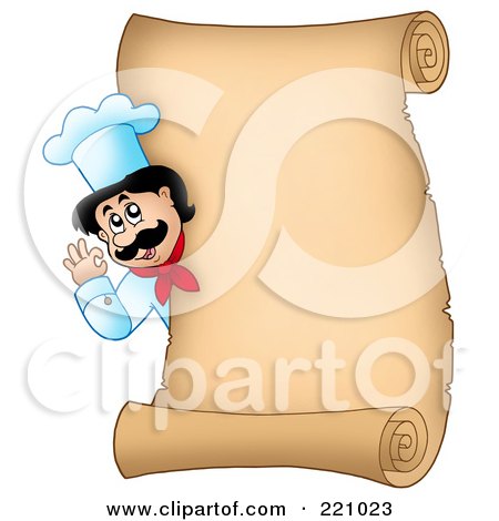Royalty-Free (RF) Clipart Illustration of a Vertical Parchment Sign Of A Chef Gesturing Ok - 3 by visekart