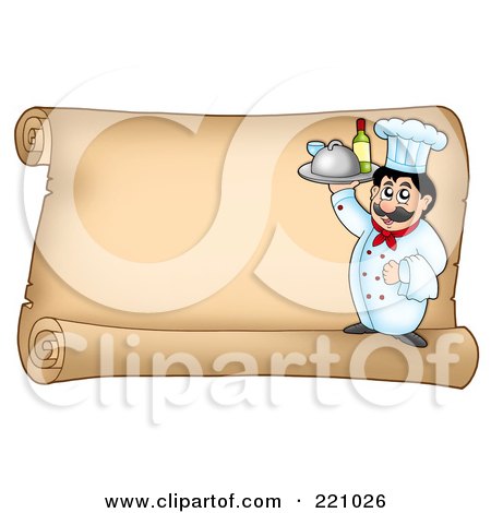Royalty-Free (RF) Clipart Illustration of a Horizontal Parchment Sign Of A Male Chef Serving Wine by visekart