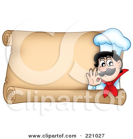 Royalty-Free (RF) Clipart Illustration of a Horizontal Parchment Sign Of A Chef Gesturing Ok by visekart