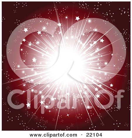 Clipart Picture of a Christmas Background Of A Bright Burst Of Light With Stars And Sparkles Over A Gradient Red by elaineitalia