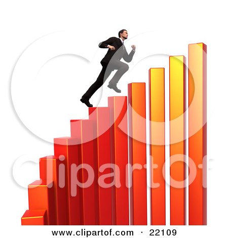 Clipart Illustration of a Successful Young Caucasian Businessman Sprinting Up Steps On A Red And Orange Curving Increasing Bar Graph by Tonis Pan