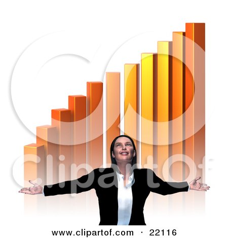 Clipart Illustration of a Pleased And Thankful Young Caucasian Businesswoman Holding Out Her Arms And Smiling Upwards Under A Golden Increasing Bar Graph by Tonis Pan