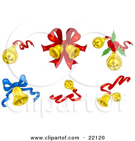 Clipart Illustration of a Collection Of Xmas Jingle Bells With Red And Blue Bows And Holly by Tonis Pan