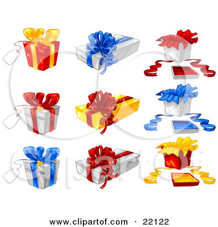 Clipart Illustration of a Collection Of Xmas Presents Gift Wrapped In Red, Yellow, Blue And White Bows And Paper by Tonis Pan