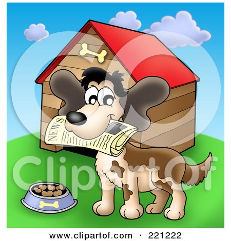 Royalty-Free (RF) Clipart Illustration of a Happy Dog With A Newspaper In His Mouth By A Dog House by visekart