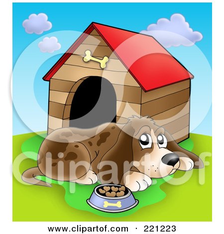Royalty-Free (RF) Clipart Illustration of a Sad Dog With A Bowl Of Food By A Dog House - 1 by visekart