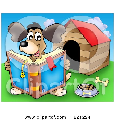 Royalty-Free (RF) Clipart Illustration of a Happy Dog Reading A Book By A Dog House by visekart