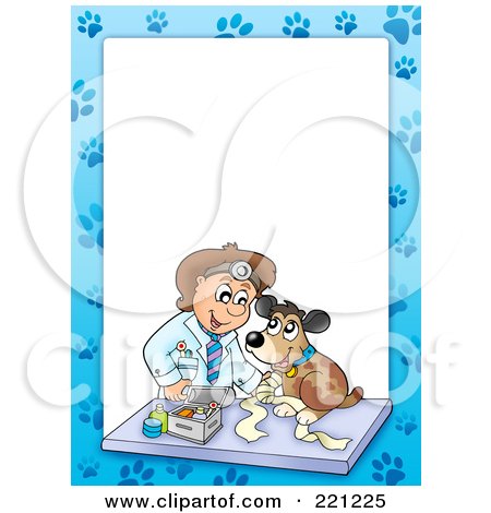 Royalty-Free (RF) Clipart Illustration of a Frame Of A Male Vet And A Dog With Paw Prints Around White Space - 3 by visekart