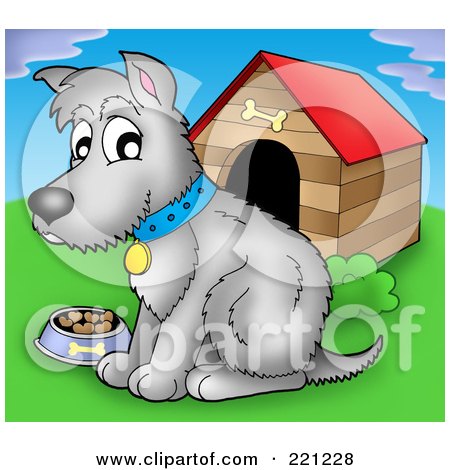 Royalty-Free (RF) Clipart Illustration of a Gray Dog With A Bowl Of Food By A Dog House by visekart