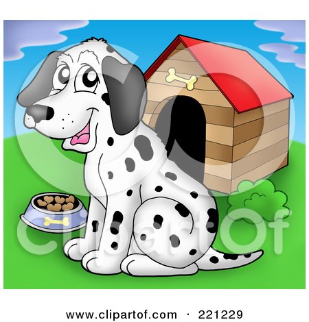 Royalty-Free (RF) Clipart Illustration of a Dalmatian Dog With A Bowl Of Food By A Dog House by visekart