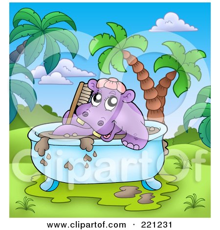 Royalty-Free (RF) Clipart Illustration of a Hippo Taking A Muddy Bath In A Tub by visekart