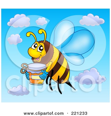 Royalty-Free (RF) Clipart Illustration of a Flying Bee With A Jar Of Honey by visekart
