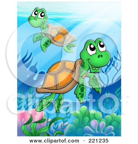 Royalty-Free (RF) Clipart Illustration of Two Cute Sea Turtles Swimming Over A Reef by visekart