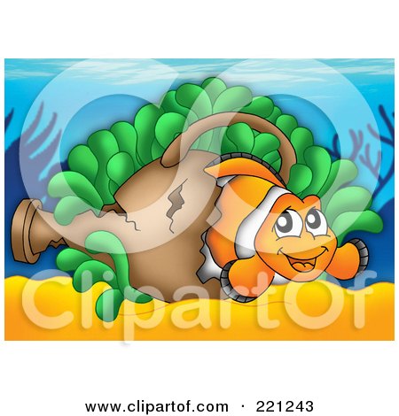 Royalty-Free (RF) Clipart Illustration of a Clownfish In A Sunken Vase On A Reef by visekart