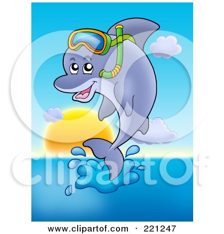 Royalty-Free (RF) Clipart Illustration of a Cute Dolphin Jumping And Wearing Snorkel Gear by visekart