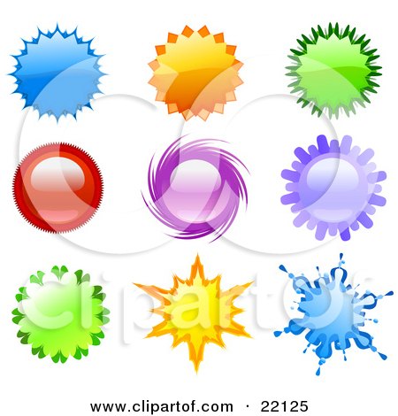 Clipart Illustration of a Collection Of 9 Blue, Orange, Green, Red, And Purple Stars, Spinners And Bursts by Tonis Pan
