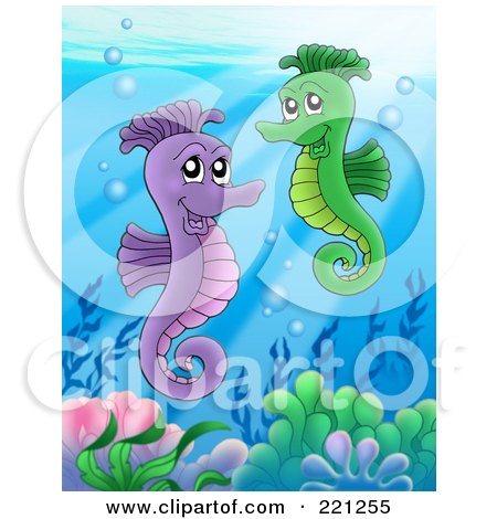 Royalty-Free (RF) Clipart Illustration of a Pair Of Seahorses Swimming Above A Reef by visekart