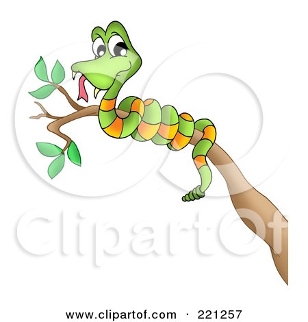 Royalty-Free (RF) Clipart Illustration of a Green Snake Coiled Around A Branch by visekart