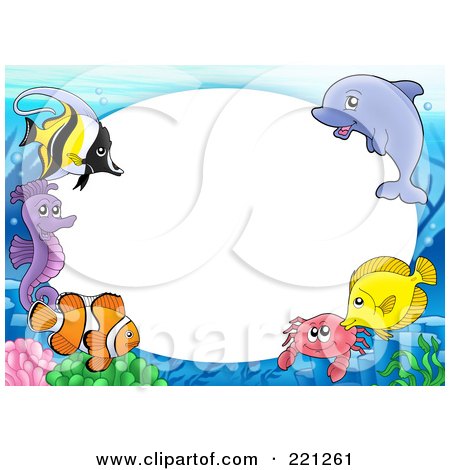 Royalty-Free (RF) Clipart Illustration of a Frame Of Marine Fish, A Dolphin, Crab And Seahorse Around Oval White Space by visekart