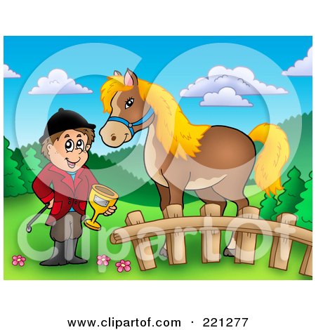 Royalty-Free (RF) Clipart Illustration of a Jockey Holding A Trophy By His Horse by visekart