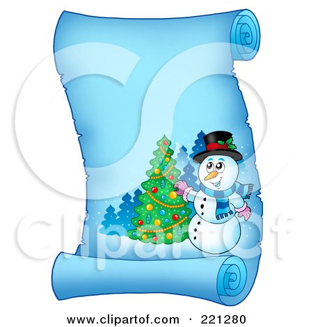 Royalty-Free (RF) Clipart Illustration of a Snowman Decorating A Tree On A Frozen Blue Parchment Scroll Page by visekart
