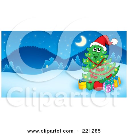Royalty-Free (RF) Clipart Illustration of a Happy Christmas Tree Character Near A Winter Village by visekart