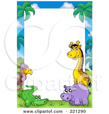 Royalty-Free (RF) Clipart Illustration of a Border Frame Of A Vulture, Alligator, Hippo And Giraffe Around White Space by visekart