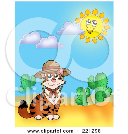 Royalty-Free (RF) Clipart Illustration of a Cat Wearing A Hat By Cactus Plants In The Desert by visekart