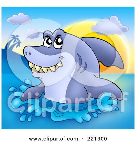 Royalty-Free (RF) Clipart Illustration of a Shark Jumping Out Of The Water At Sunset by visekart