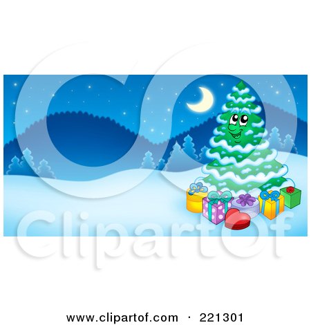 Royalty-Free (RF) Clipart Illustration of a Happy Christmas Tree Character In A Winter Landscape by visekart
