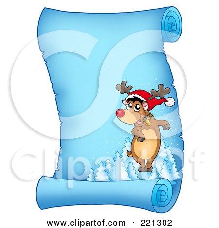 Royalty-Free (RF) Clipart Illustration of a Red Nosed Reindeer Standing On A Frozen Blue Parchment Scroll Page by visekart