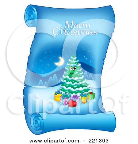 Royalty-Free (RF) Clipart Illustration of a Christmas Tree And Merry Christmas Greeting On A Frozen Blue Parchment Scroll Page - 2 by visekart