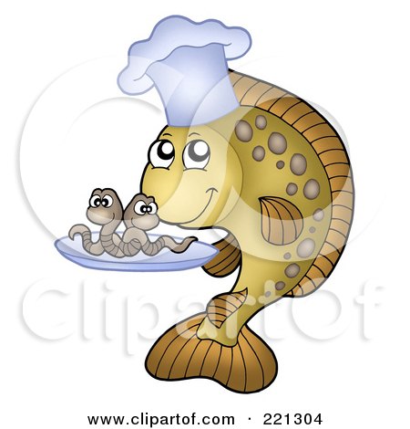 Royalty-Free (RF) Clipart Illustration of a Carp Fish Chef Serving Worms On A Tray by visekart
