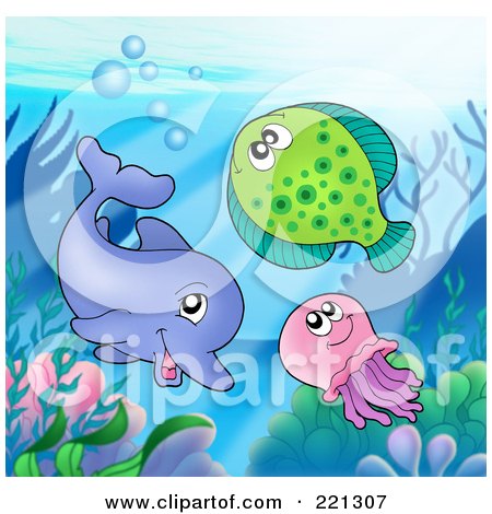 Royalty-Free (RF) Clipart Illustration of a Dolphin, Halibut And Jellyfish By A Reef by visekart