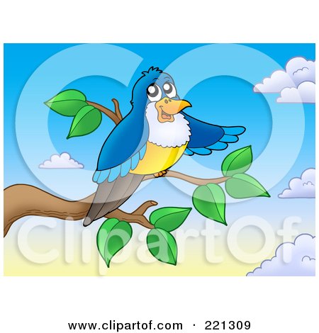 Royalty-Free (RF) Clipart Illustration of a Blue Bird Pointing With His Wing And Perched On A Branch by visekart