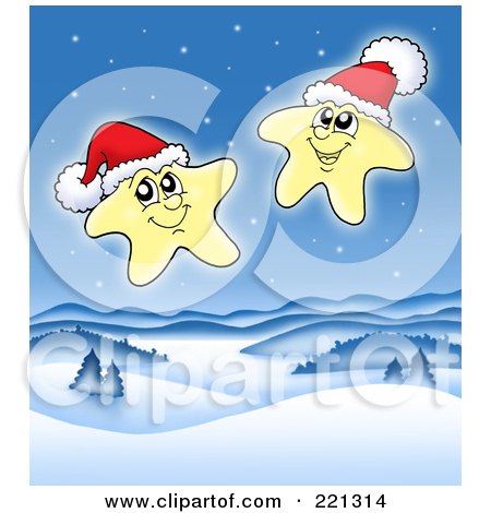 Royalty-Free (RF) Clipart Illustration of Two Happy Christmas Stars Wearing Santa Hats Over A Winter Landscape by visekart