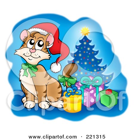 Royalty-Free (RF) Clipart Illustration of a Cute Christmas Cat By Presents And A Tree Over Blue by visekart