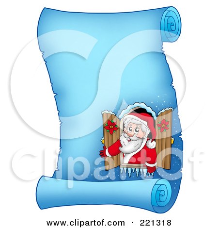 Royalty-Free (RF) Clipart Illustration of Santa Opening A Window On A Frozen Blue Parchment Scroll Page by visekart