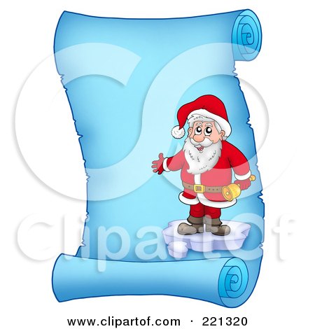 Royalty-Free (RF) Clipart Illustration of Santa Standing On Ice And Holding A Bell On A Frozen Blue Parchment Scroll Page by visekart