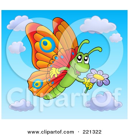 Royalty-Free (RF) Clipart Illustration of a Butterfly Holding A Flower In The Sky by visekart
