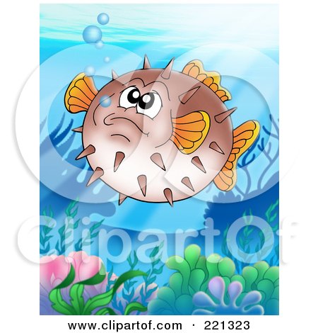 Royalty-Free (RF) Clipart Illustration of a Grumpy Puffer Fish Above A Coral Reef by visekart