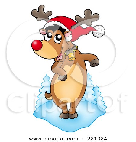 Royalty-Free (RF) Clipart Illustration of a Dancing Red Nosed Reindeer Wearing A Santa Hat by visekart