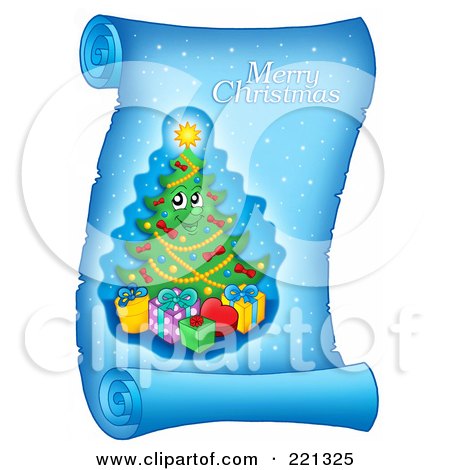 Royalty-Free (RF) Clipart Illustration of a Christmas Tree And Merry Christmas Greeting On A Frozen Blue Parchment Scroll Page - 1 by visekart