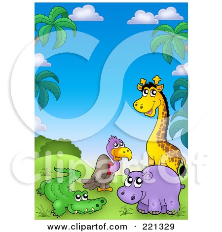 Royalty-Free (RF) Clipart Illustration of a Giraffe, Hippo, Vulture And Alligator In A Tropical Landscape by visekart